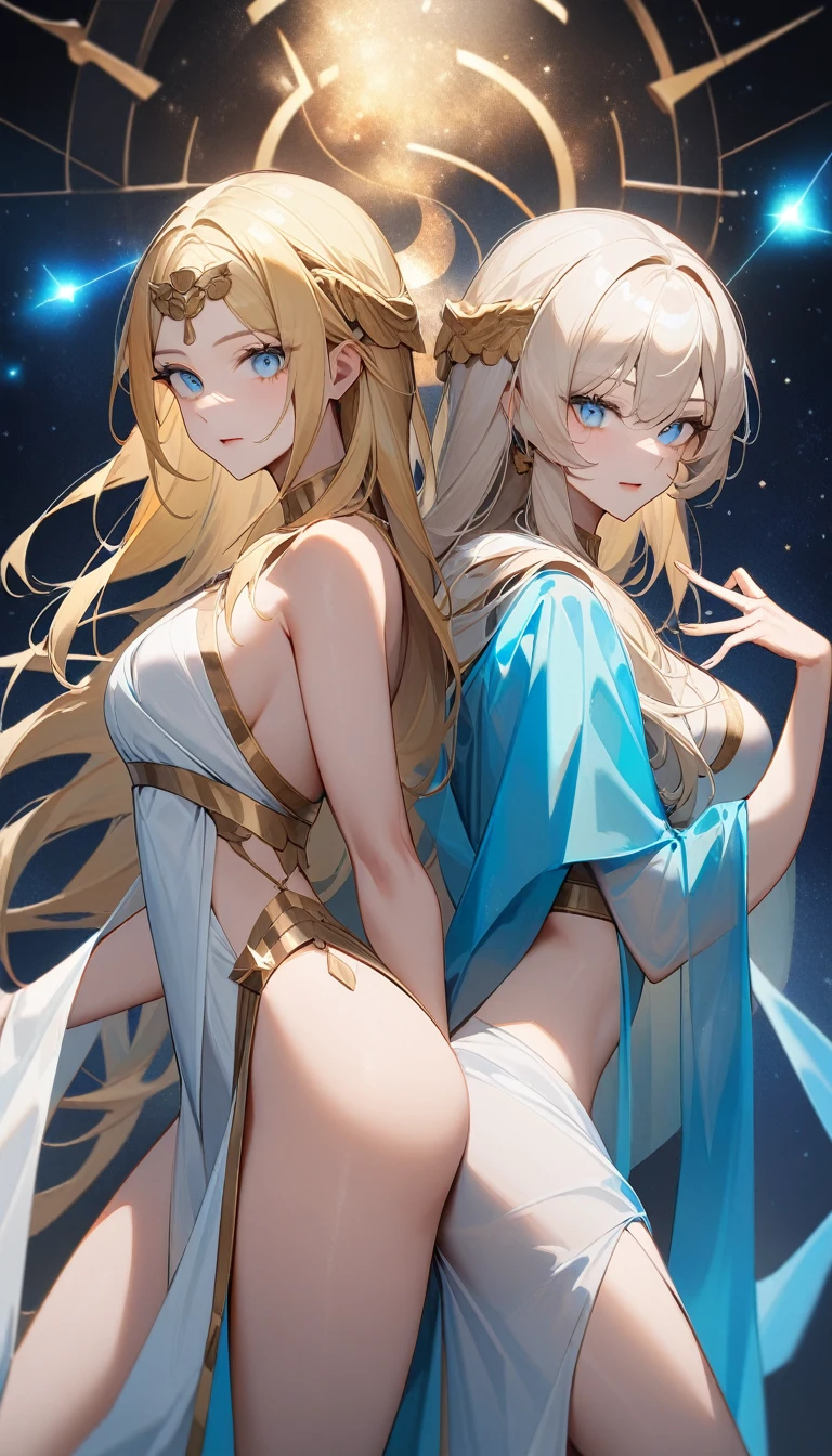 (Huang Li、high quality、Extremely detailed),Constellation - Gemini Goddess,A pair of sisters,Two goddesses back to back,Similar to Latin goodness,brave,capricious,Productivity,The face of enterprising and humanitarianism,Blonde Hair,Ancient Greek costumes、Wrap Dress,The background is a nebula,Light crystal blue eyes(Eyes Details),Powerful appearance