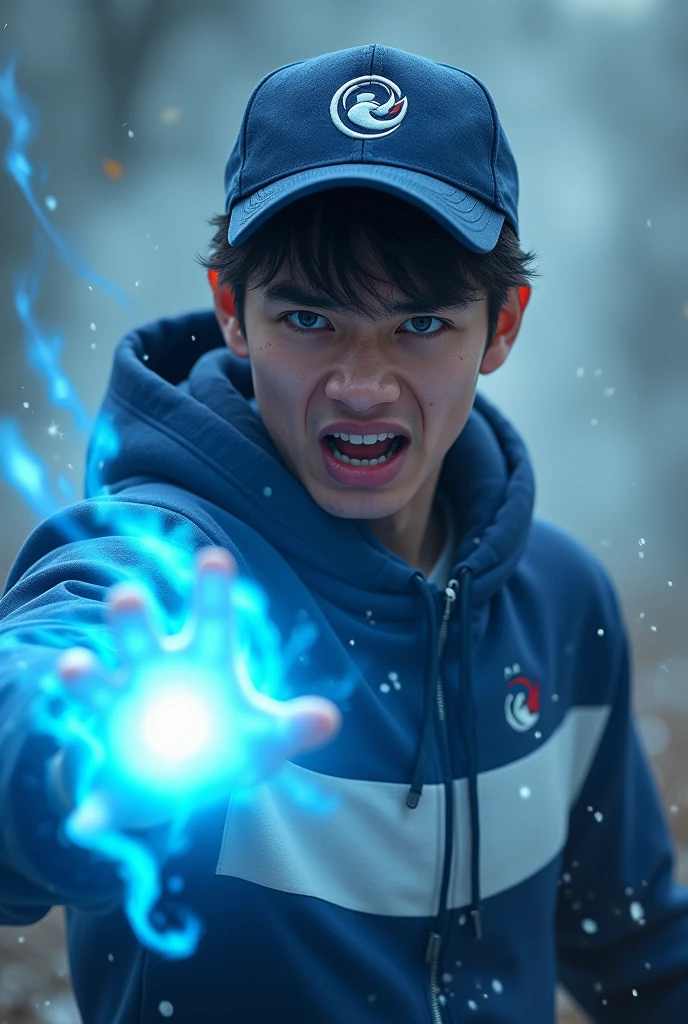 Malaysia man. a young real teenage age . 19 Malaysia Indonesia.(Blue eyes) Glowing eyes. Anger face. Open mouth. . wearing an (navy blue white ) zip-up shirt, (navy blue white) navy blue cap with small logo (wind) logo. Enger face . Dramatic.navy blue hoodie., detailed face, cinematic lighting, dramatic atmosphere,. Winter day. vibrant colors, 8k, high quality, photorealistic. Hero suit. Wind come from his hand. Glowing white wind element from hand, tornado everywhere . Glowing hand lightblue .navy blue , wind logo design . Very strong. Future design dress. Very epic. Very cool background.. dark sky. Very strong. Thunderstorm . Wind very strong . Flying dry leave everywhere.. wind ball sharp shape power from hand .