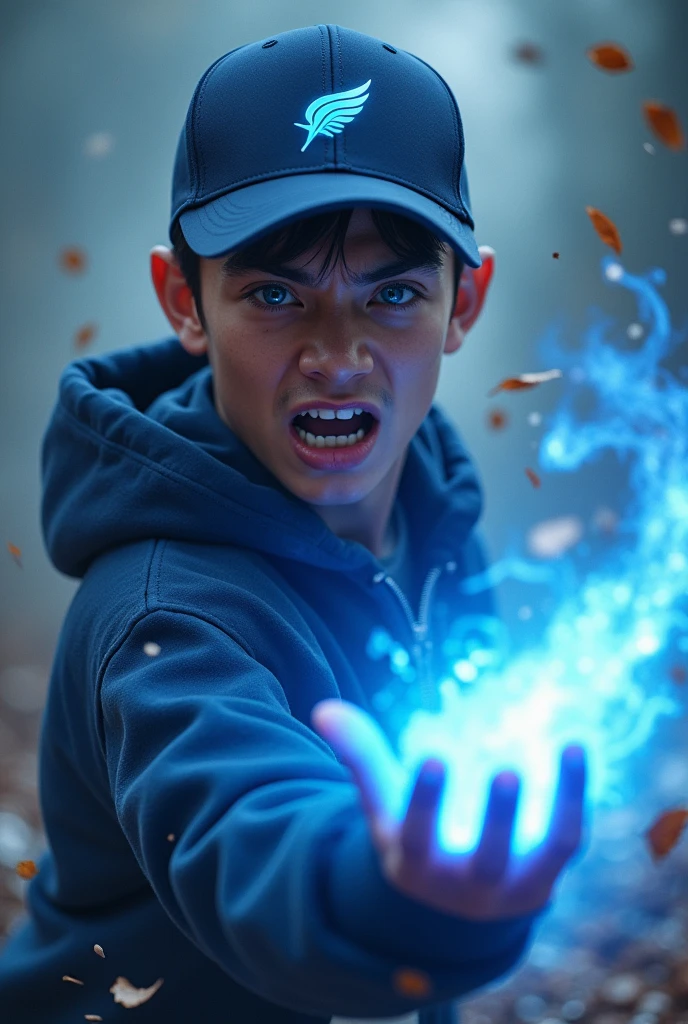 a young real teenage age . 19 Malaysia Indonesia.(Blue eyes) Glowing eyes. Anger face. Open mouth. . wearing an (navy blue white ) zip-up shirt, (nay blue white) navy blue cap with small logo (wind) logo. Enger face . Dramatic.navy blue hoodie., detailed face, cinematic lighting, dramatic atmosphere,. Winter day. vibrant colors, 8k, high quality, photorealistic. Hero suit. Wind come from his hand. Glowing white wind element from hand, tornado everywhere . Glowing hand lightblue .navy blue , wind logo design . Very strong. Future design dress. Very epic. Very cool background.. dark sky. Very strong. Thunderstorm . Wind very strong . Flying dry leave everywhere.. wind ball sharp shape power from hand .