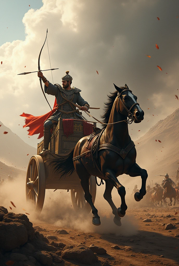 Two persons on a chariot one man releases 1000 arrows at a time and other one drives that chariot in a war