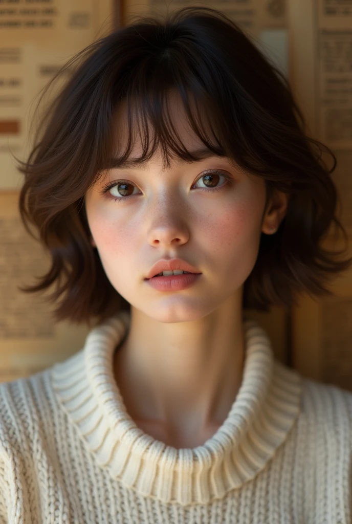 Short hair and white summer knit, summer knit, short hair, short hair with bangs, hottie face, cute fine face in portrait, French bob, pale fair skin!!, short brown hair and big eyes, soft portrait shot 8 k, beautiful light big eyes, beautiful young girl, young girl in a bob cut, best image quality, masterpiece, notes of Leonardo da Vinci da Vinci, Leonardo da Vinci's manuscript as a background