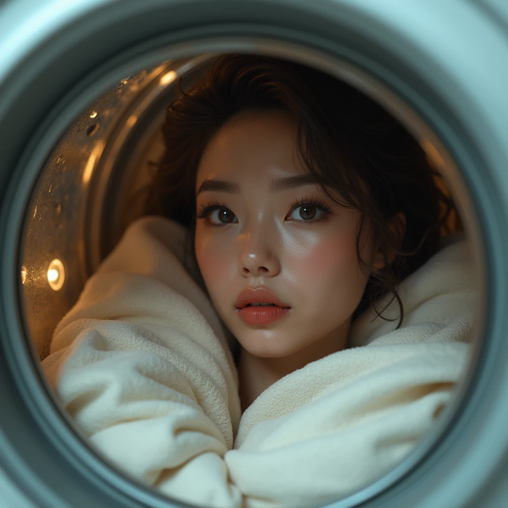 Get into the washing machine、Exquisite detail、Beautiful and sophisticated eyes、Beautiful and exquisite lips、Extremely detailed face、Long eyelashes、Exquisite folds in clothing、Soft lighting、Warm colors、Photorealistic cinematic compositions、Award-winning digital art、8k、A very exquisite masterpiece