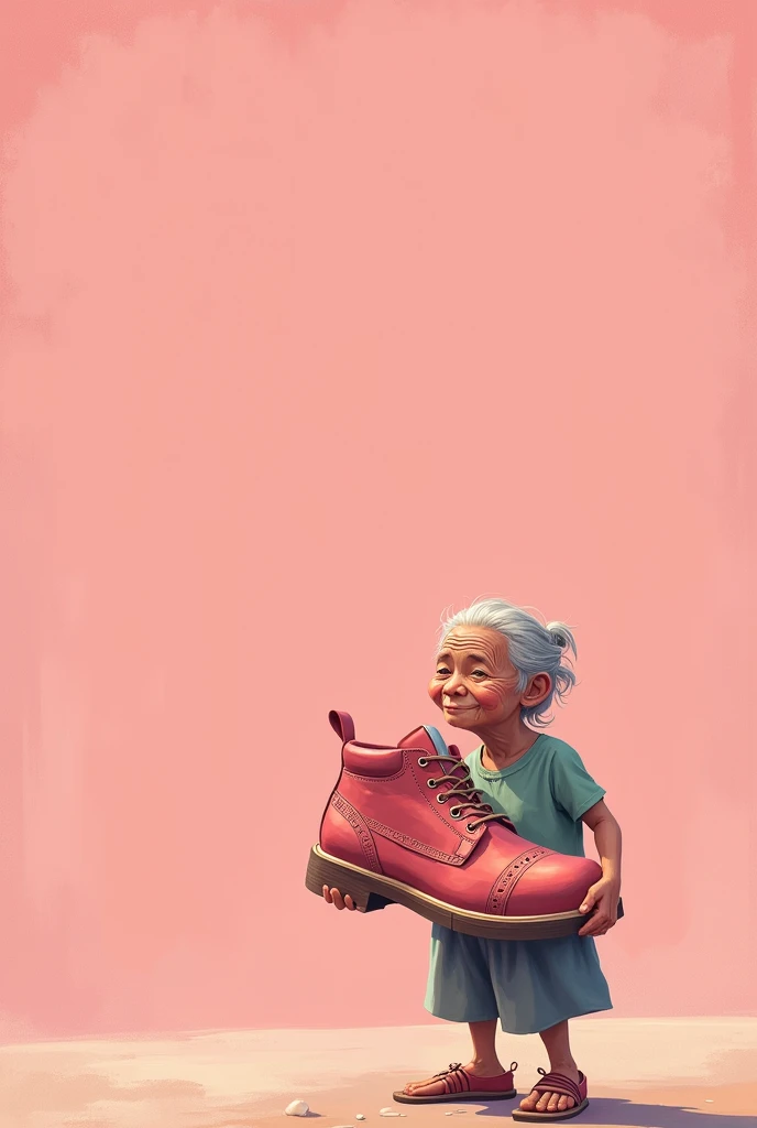 Generate picture for my story page featuring old Filipino girl Holding a BIG SHOES ( put the art at the bottom right part) ( i need a big space at the left part) (PINK THEME) EMPHASIZE THE BIG SHOES