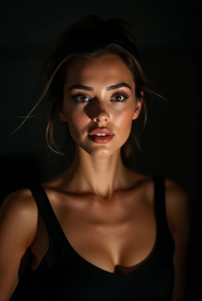 photo brute, visage de face portrait photo d'une belle 26 ans.ô femme, visage mignon, porter une robe noire, mine réjouie, ombres dures, Prise de vue cinématographique, Éclairage lumineux , femme qui ressemble à Kim kardashian