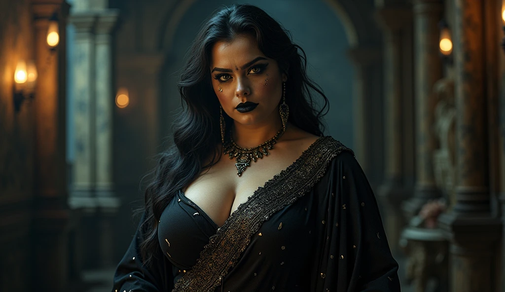 full body,( glowing eyes:1.5),Fortune telling hall,indian astrology,Looks like Aparna Dixit, full body Closeup shot, Big chubby aunty, milf, cougar lady witch, horny Gothic milf, 50 years old gorgeous mature lady, pervert demoness, demoness of lust, curvy, black lips, horny face, extremely gorgeous, thick figure, heavy physique, voluptuous, curvy, sexy figure, Fashionable portrait of androgynous alien looking witch wearing veil,( glowing eyes:1.5), futuristic design, minimal details, givenchy, photoreal, 200mm, hd, f/ 2.0, highly detailed, surreal, sexy beautiful evil woman, sexy bold sequin Saree with strapless Bra, chudail, Pishachini, horror genre, blood-thirsty enchantress, powerful female spirit, eerie, drop dead, in the style of red and blue, (intricate details, hyperdetailed:1.15) (skin texture:1.2), dark Moody tone, cinematic lighting, haunted place in background,