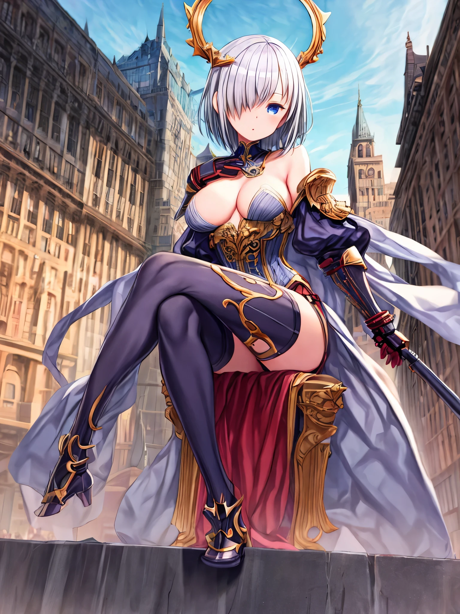 fantasy, 1girl,_teen,lver_hair, short_hair, long_bangs, bare_shoulder,thighhighs,silver_armor, waist_armor, large_breasts,half_eyes,floating, bare_crotch, headgear,gauntlet, greaves,city_background,slightly_spread_legs, solo, groin_naked,hair_over_one_eye,rise_knee,rise_leg,