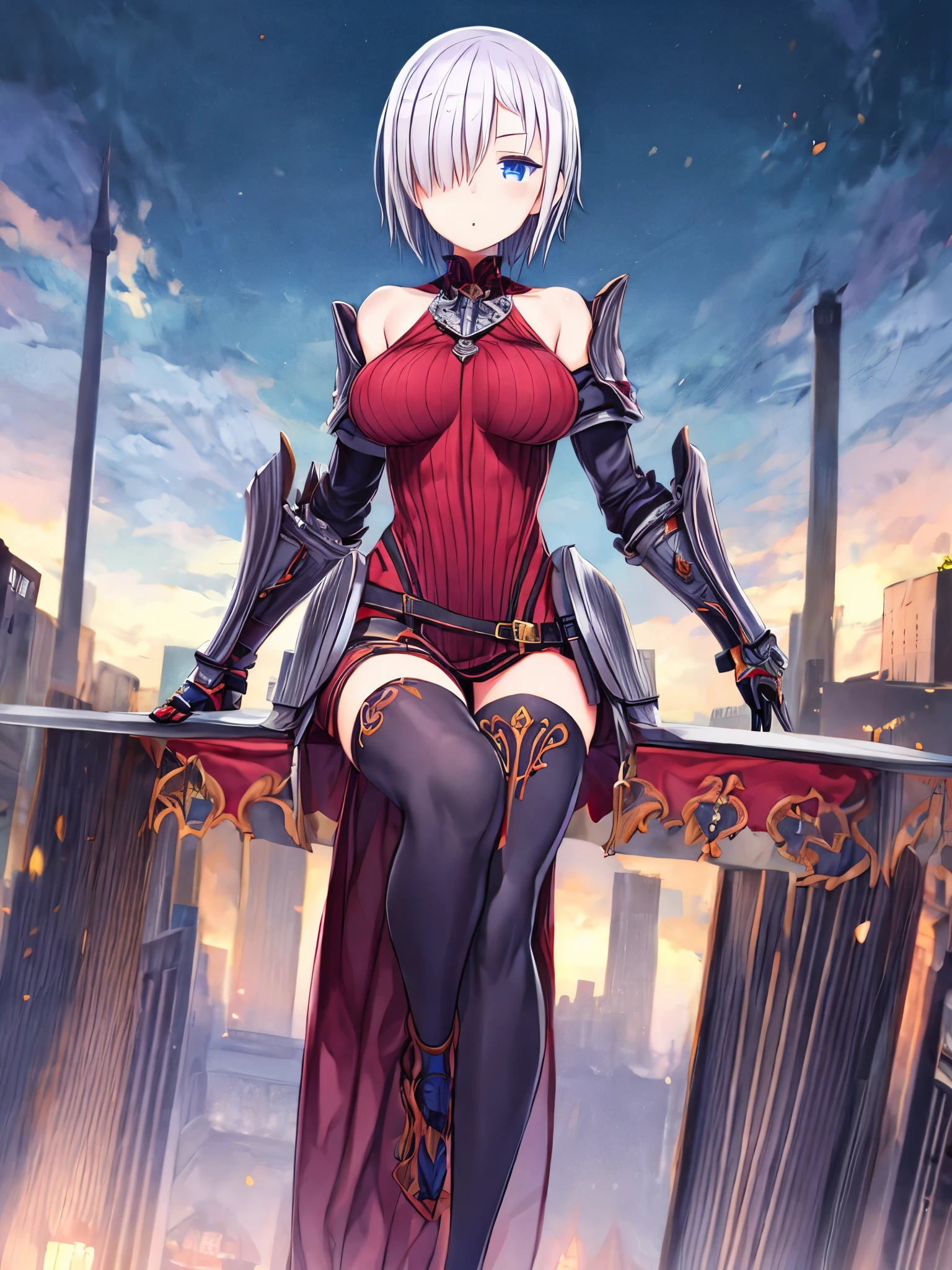 fantasy, 1girl,young_teen, ,silver_hair, short_hair, long_bangs, bare_shoulder,thighhighs,silver_armor, waist_armor, large_breasts,half_eyes,floating, bare_crotch, headgear,gauntlet, greaves,city_background,slightly_spread_legs, solo, groin_naked,hair_over_one_eye,rise_knee,rise_leg,