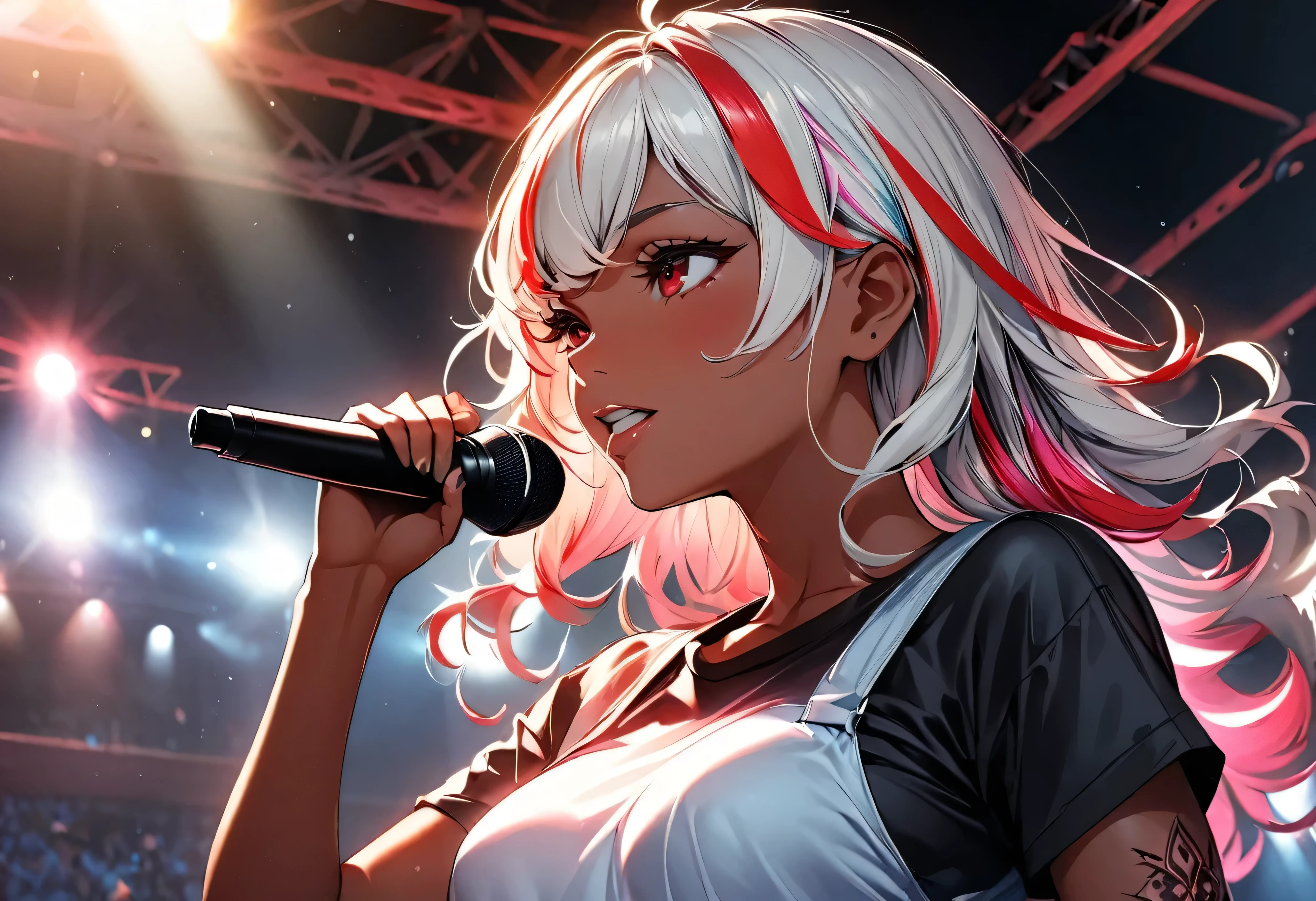 (highest quality:1.2, Very detailed, up to date, Vibrant, Ultra-high resolution, High Contrast, masterpiece:1.2, highest quality, Best aesthetics), Portraiture、girl、singer, solo, ((25-years-old:1)), Bright colors, Beautiful fine details、Beautiful lip detail、medium wave hair、red and white ((streaked hair:1.6)), highlights hair: 1.5, red eyes, slim body, medium breast, (tan skin:1.1), (Floral Fineline tattoo design on left arm:1), black t-shirts, jeans, holding vocal mike, singing, dynamic pose, Rehearsing for a concert:1, on stage, (upper body:1.5)