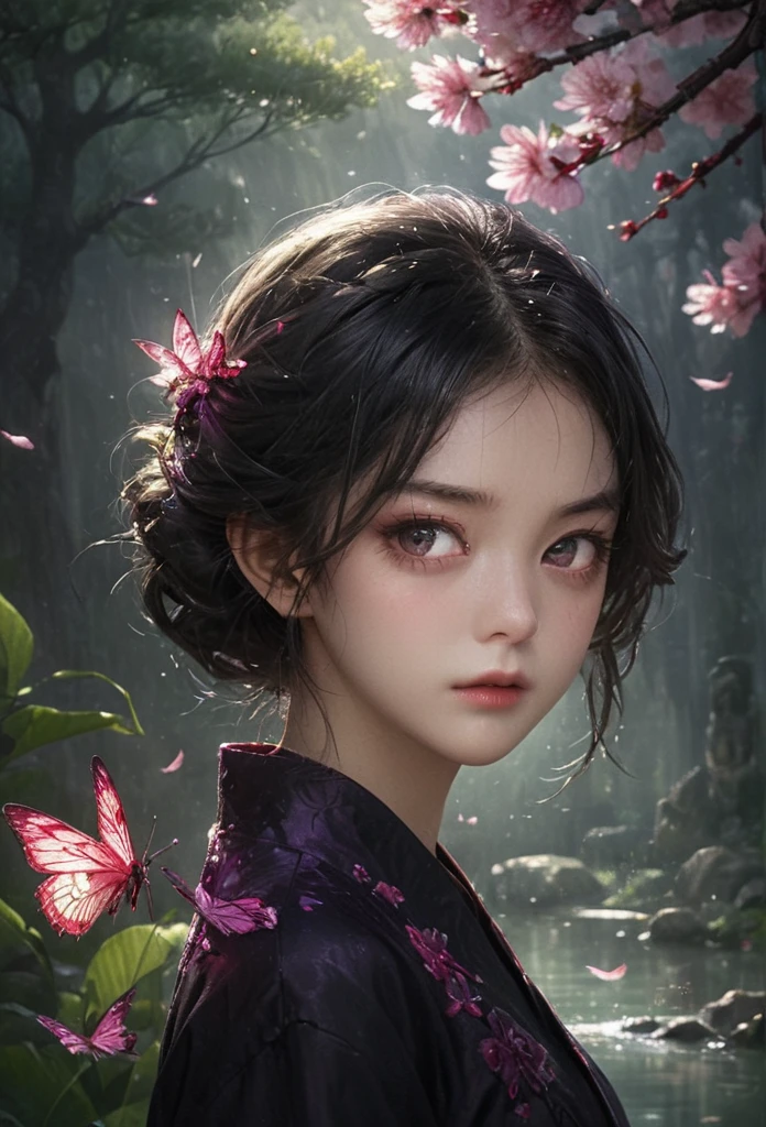 Extremely detailed and high-resolution masterpiece of Kocho Shinobu, the beautiful and deadly Demon Slayer in dynamic action. Add emphasis on the intricate details of her butterfly-themed outfit and the fierce expression on her face. Set the scene at twilight, with a serene pond and cherry blossom petals in the background. Use rich colors and volumetric light to create a sense of ethereal beauty and power.
