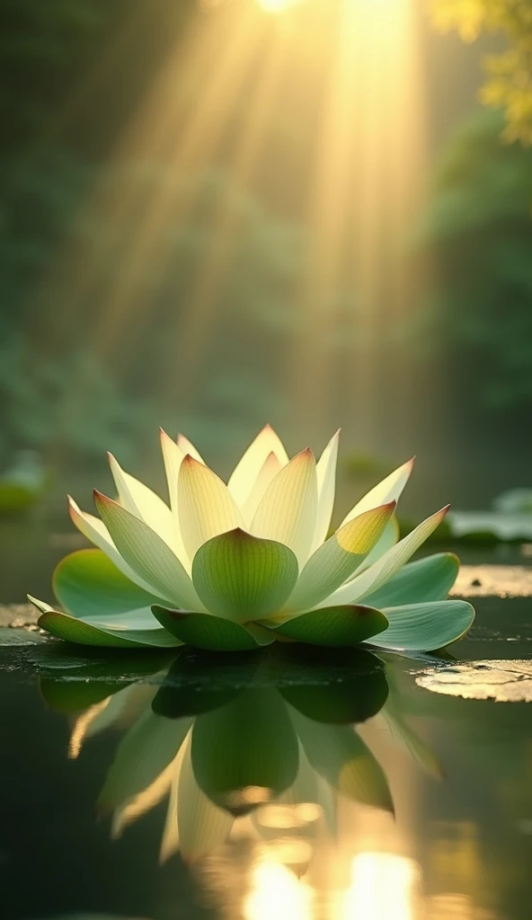 lotusの葉, lotus, water, Zen feeling, (Chinese Garden 1.5), Light of the sun, (lotusに太陽がShine), 部分的にwater中撮影, Symmetric, polarity, close, Romanticism, About Art, modern art, Luminism, Cinema Lighting, Shine, God's Rays, Ray Tracing, 超High resolution, retina, masterpiece, Accurate, Super Detail, Anatomically correct, Attention to detail, high quality, Awards, 最high quality, High resolution, 16K