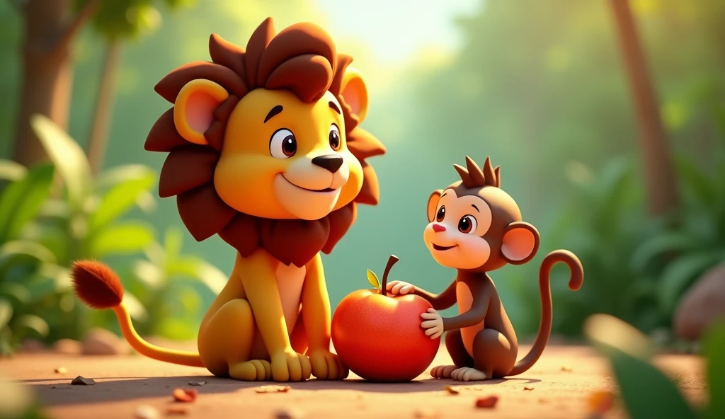 Create 3D cenametic cartoon animation of this prompt "Lion and monkey sit together, enjoying the fruits of their laborClose-up of the fruit, now a symbol of friendship and sharing
