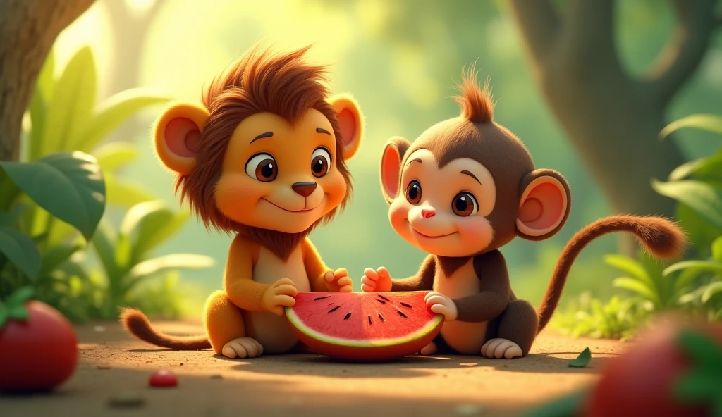 Create 3D cenametic cartoon animation of this prompt "Lion and monkey sit together, enjoying the fruits of their laborClose-up of the fruit, now a symbol of friendship and sharing