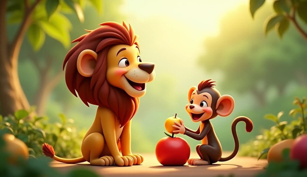 Create 3D cenametic cartoon animation of this prompt "Lion and monkey sit together, enjoying the fruits of their laborClose-up of the fruit, now a symbol of friendship and sharing