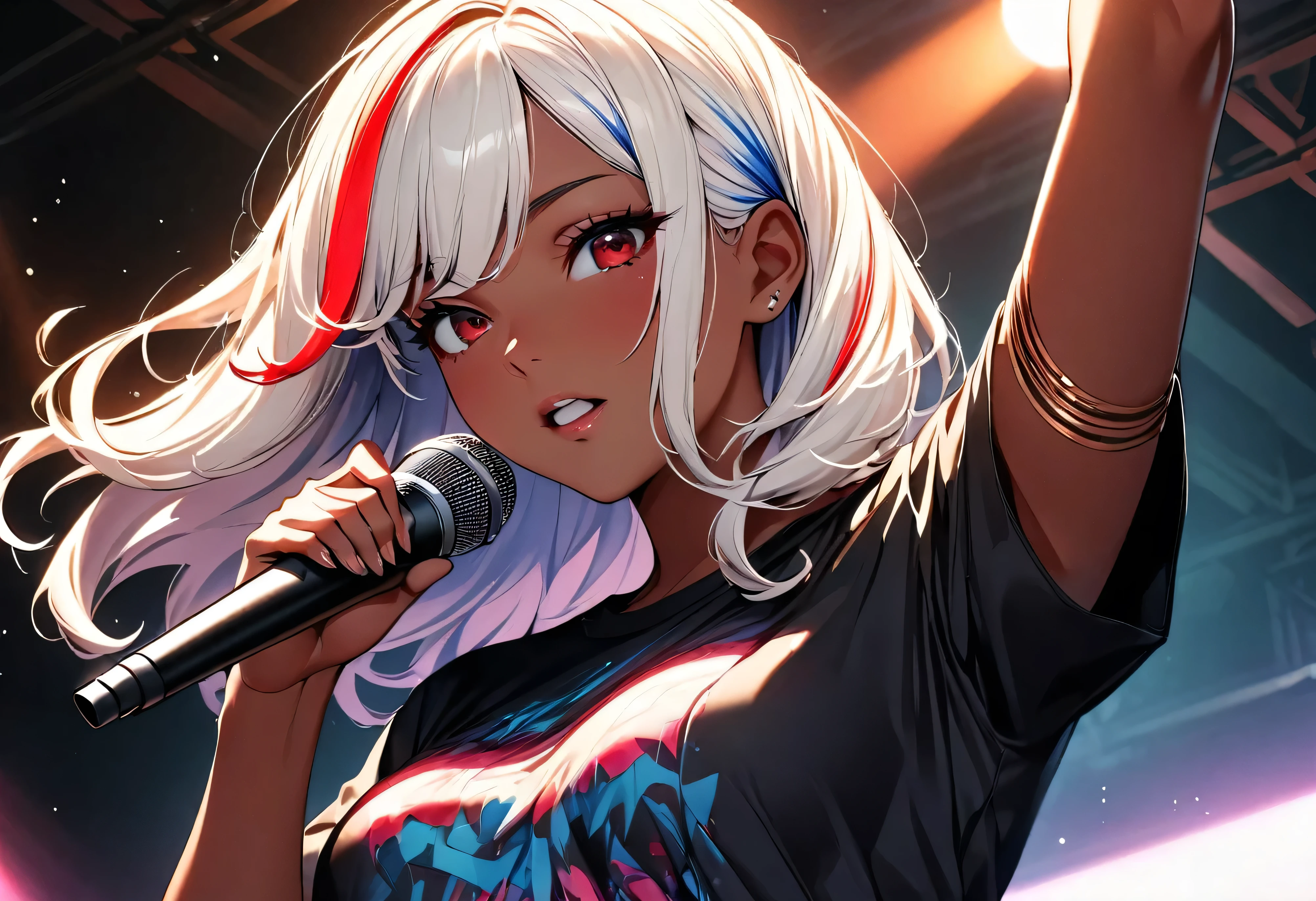 (highest quality:1.2, Very detailed, up to date, Vibrant, Ultra-high resolution, High Contrast, masterpiece:1.2, highest quality, Best aesthetics), Portraiture、girl、singer, solo, ((25-years-old:1)), Bright colors, Beautiful fine details、Beautiful lip detail、medium wave hair、red and white ((streaked hair:1.6)), highlights hair: 1.5, red eyes, slim body, medium breast, (tan skin:1.1), (Floral Fineline tattoo design on left arm:1), black t-shirts, jeans, holding vocal mike, singing, dynamic pose, Rehearsing for a concert:1, on stage, (upper body:1.5)