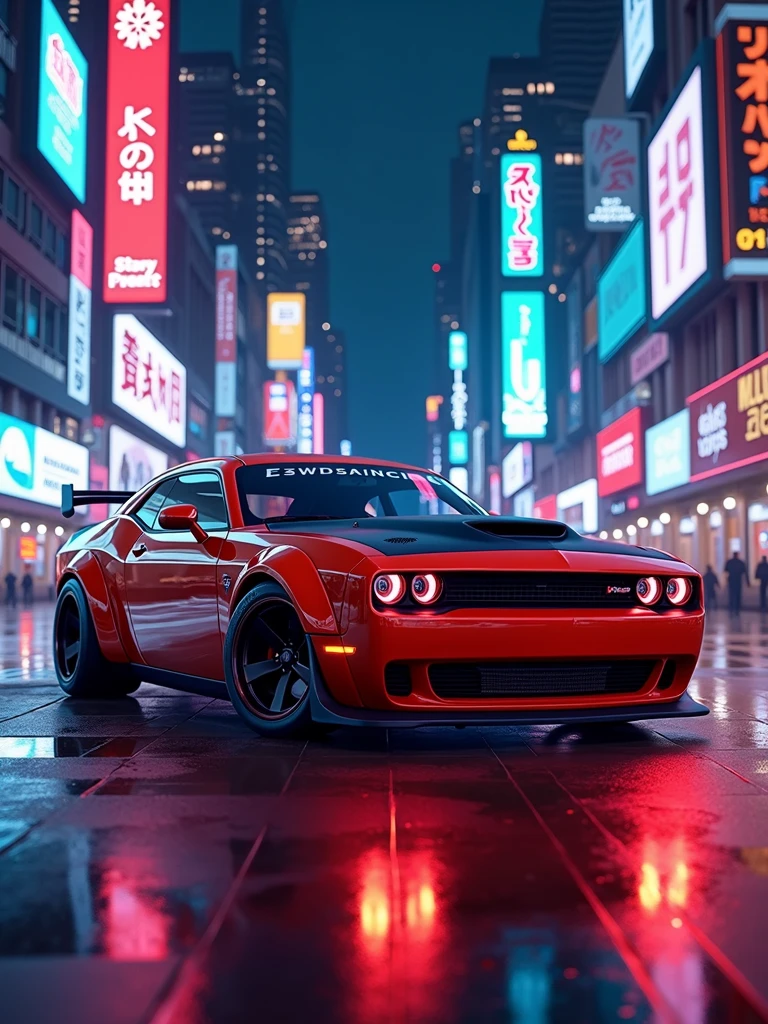 Custom 2023 dodge Challenger hellcat street racer, neon-lit city street at night, with sharp focus, intricate and detailed design, Low angle, Cinematic view, cyberpunk-styled lighting, Digital painting, art by khyzyl saleem and daniel bolling and maciej kuciara, trending on artstation and instagram.
