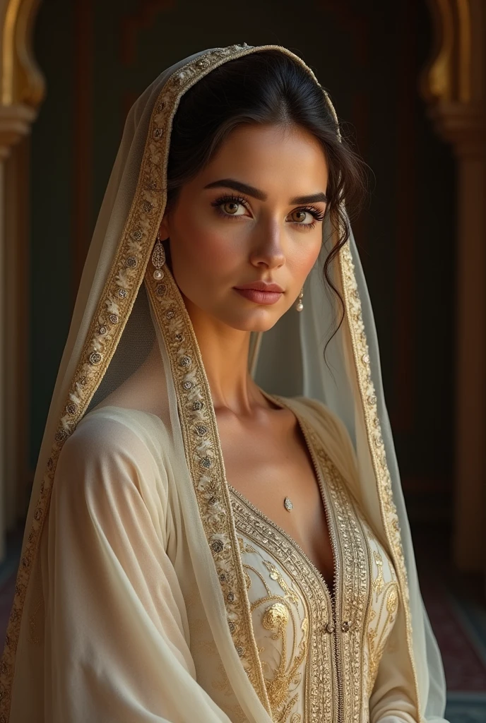 full bodyiranian woman, imperfect beauty,facial asymmetry, porcelain skin, delicate features, medium length black hair, (best quality,4k,8k,highres,masterpiece:1.2),ultra-detailed,(realistic,photorealistic,photo-realistic:1.37),natural lighting, soft shadows, detailed eyes, detailed lips, detailed face, elegant expression, serene, pensive, vulnerable, (imperfect beauty:1.3),(woman:1.2),high fashion, detailed clothing, flowing fabric, cinematic composition, dramatic lighting, warm color palette