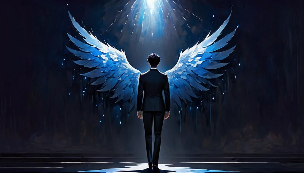 A handsome boy with jet black hair and eyes, in an elegant suit, while large black wings magnificently emerging from his back, with subtle blue glimmers, in the middle of a ballroom, alone, surrounded by darkness, standing with his back to the dark stage, lonely