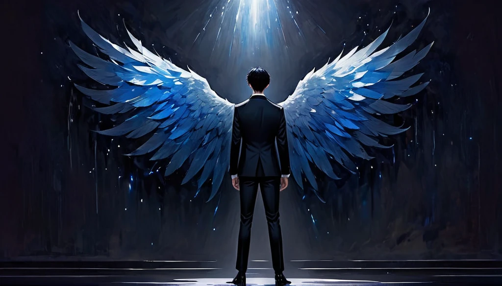 A handsome boy with jet black hair and eyes, in an elegant suit, while large black wings magnificently emerging from his back, with subtle blue glimmers, in the middle of a ballroom, alone, surrounded by darkness, standing with his back to the dark stage, lonely