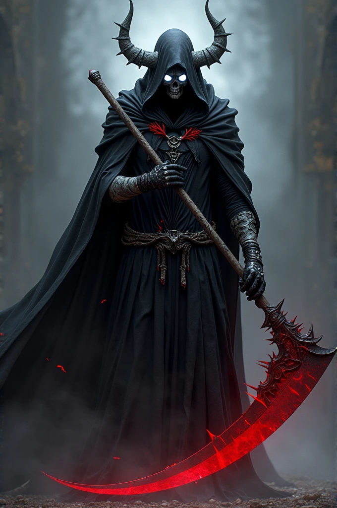 Character inspired by a reaper with a black scythe with red thorns on his scythe a costume with white glowing eyes a black hood with a black glowing aura a black costume with white and lighter red on his costume boots with black disappointed gray horns on his hood is a dangerous fighter side 