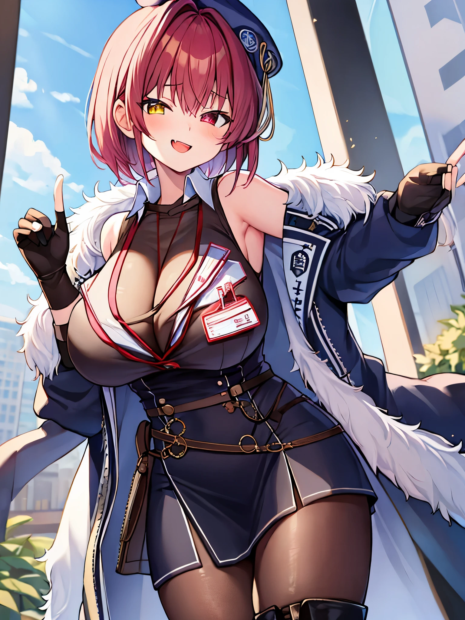 ((Masterpiece)), (Best Quality), marine_beret, Collared_White_Shirt, Sleeveless, High-waisted Skirt, Pantyhose, Blue Jacket, Fur Embellishment, Fingerless Gloves, ID Card, Solo,marine_officer,, black pantyhose, black gloves, thigh boots, beret,houshou_marine,heterochromia, red eyes, yellow eyes,open_mouth,big_smile,fang,gigantic_breasts,,office_landscape,red_short_hair,(plump:0.7),grin,open_mouth,tongue,