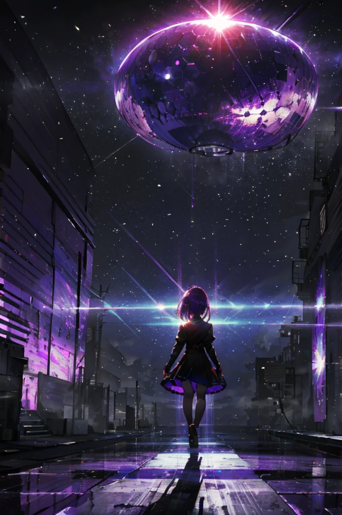 Purple haired girl, eclipse , a place with nothing, the girl is raising her hand up sky, distorted dimension, focused light rays, purple lights