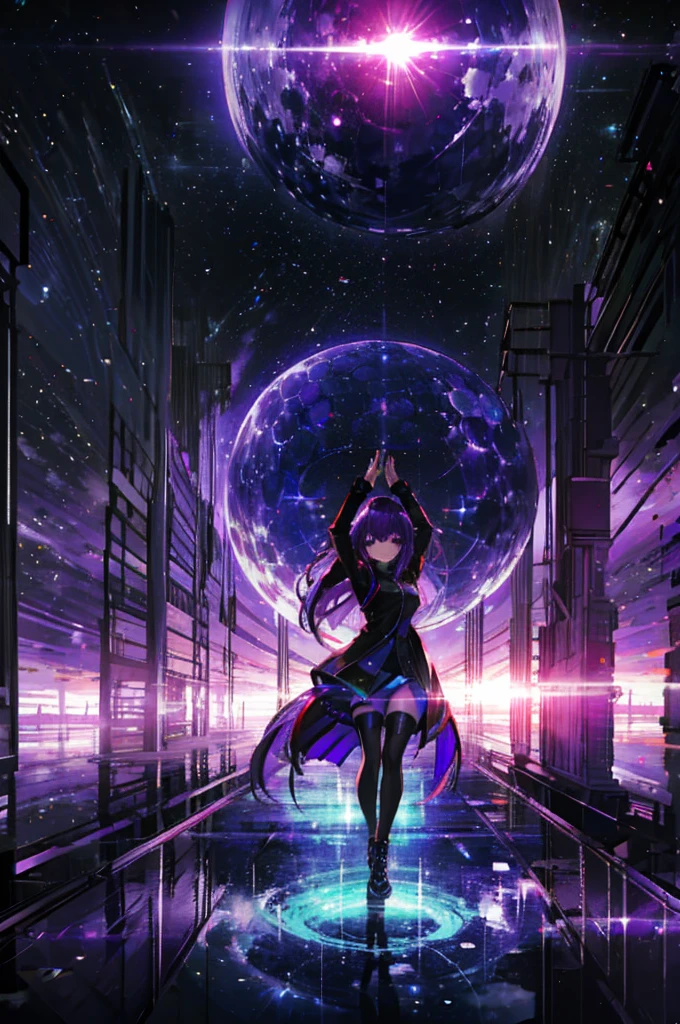 Purple haired girl, eclipse , a place with nothing, the girl is raising her hand up sky, distorted dimension, focused light rays, purple lights 