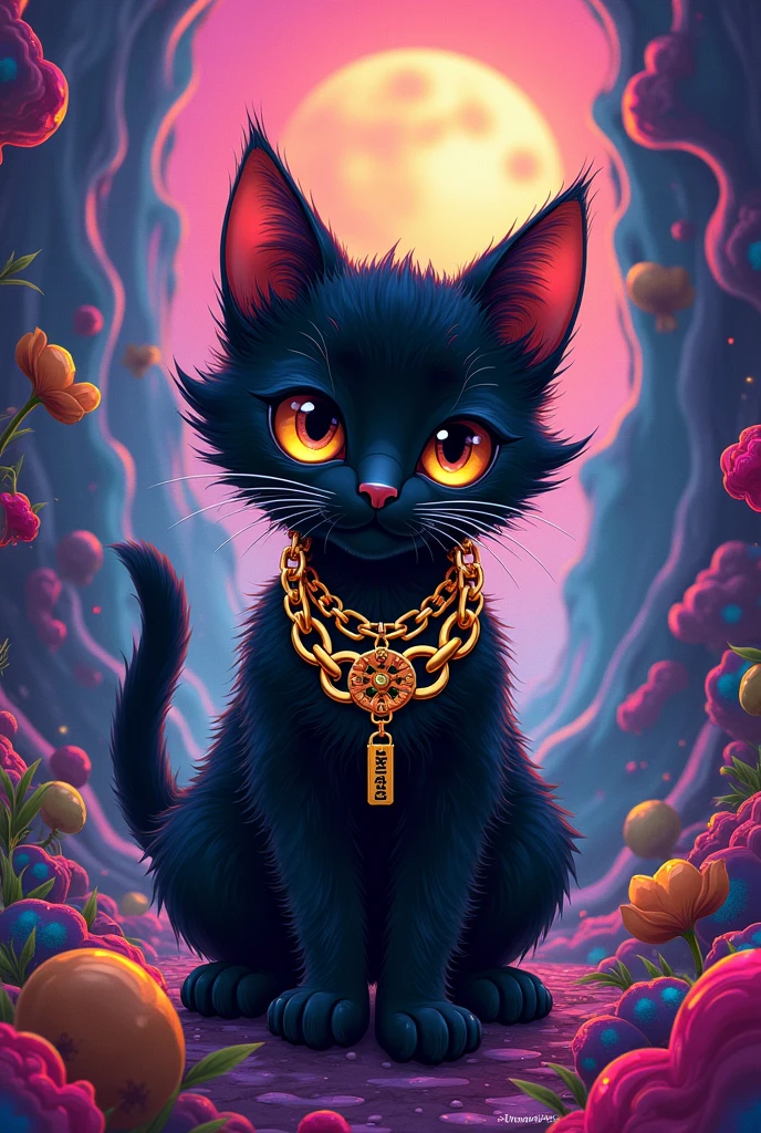 steampunk baby black cat with green and gold hiphop chain Which reads "SHESHA" 420 artwork, retro psychedelic weed illustration, liquid, psychedelic artwork, in illustration style digital, extremely high quality artwork, estilo de arte impressionante, arte do Adobe Illustrator, visionary art style, psychedelic acid trip, estilo de arte vetorial, Psychedelic style nano-infused Vibrant colors, swirling patterns, abstract forms, surreal, trippy fluid