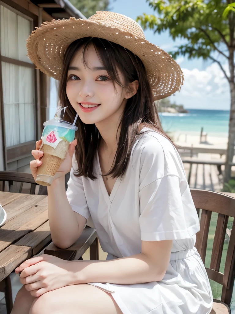 (8k, RAW Photos, Highest quality, masterpiece: 1.2), Very detailed, Super Resolution, (Genuine, Genuine photos: 1.37), Portraiture, High-quality RAW color photos, Professional photos, Very detailedで美新しい, Very detailed, 8k wallpaper, Amazing details, Official Art, Very detailed CG Unity 8k wallpaper, Very detailed beautiful girls, Very detailed facesHighly detailed eyes, Very fine skin, Very detailed fingers, Very small nose, Very detailed detailed mouth, Perfect Anatomy, Big eyes、Detailed Background, High Quality Clothing, (Blunt bangs: 1.2), smile, cute, ((girl drinking cream soda, summer vacation, sitting on Veranda of a Japanese house, straw hat, ice cream on soda drink, smile, happy))