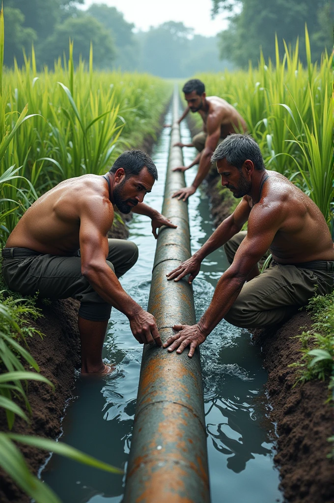 3 people working very hard fitting pipe in between small narrow lake to send water to paddy field.