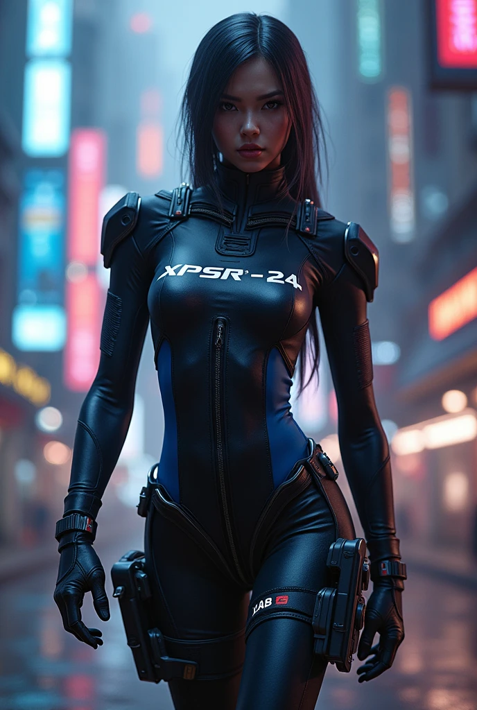 ((high resolution)), ((pale skin)), freckled, brunette (()) girl, with blue eyes, blushing cheeks, wavy hair, smiling, naked, sexy armor, cyberpunk, neon cityscape