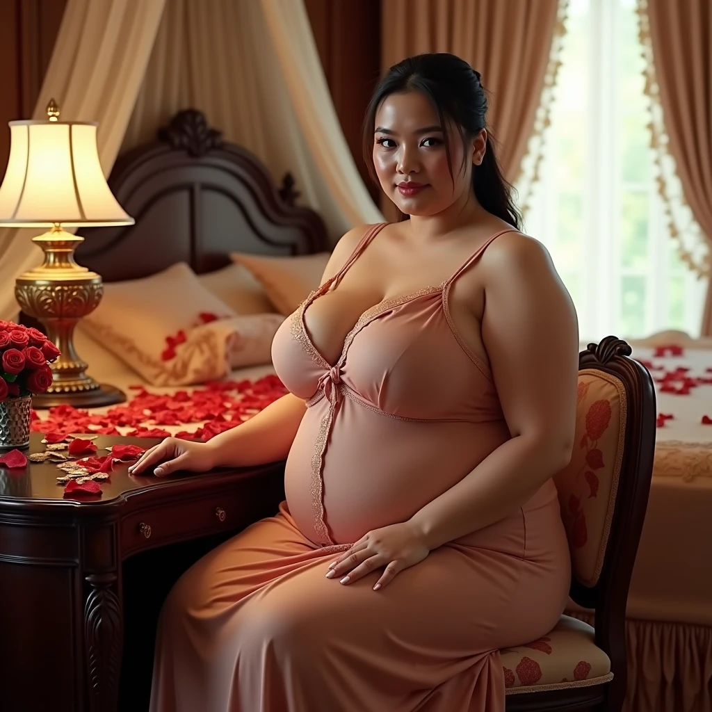 The indonesian woman is slightly plump, tied hair, huge breasted, wearing sleeveless knee-lenght nightgown.  sitting at the dressing table. The luxurious bedroom is decorated with red roses and a mosquito net as a background detail. Look at the viewer, natural light, realistic photography, wide angle shot from side.