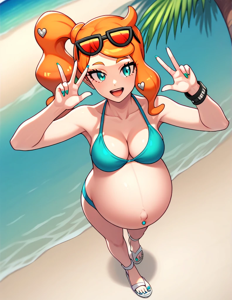 score_9, score_7_up BREAK solo,EPpkSonia,orange hair, side ponytail, aqua eyes, long hair, eyewear on head, sunglasses, heart hair ornament, aqua bikini, pregnant , big belly, Belly button piercing, cleavage, bracelet, collarbone, blue panties, nail polish, aqua nails, aqua toenails, beach, Posing, happy, white Sandals, belly rubbing