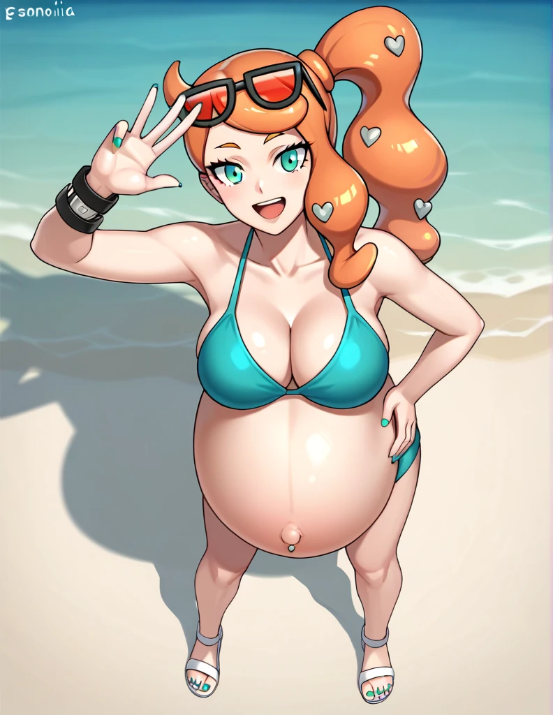 score_9, score_7_up BREAK solo,EPpkSonia,orange hair, side ponytail, aqua eyes, long hair, eyewear on head, sunglasses, heart hair ornament, aqua bikini, pregnant , big belly, Belly button piercing, cleavage, bracelet, collarbone, blue panties, nail polish, aqua nails, aqua toenails, beach, Posing, happy, white Sandals, belly rubbing