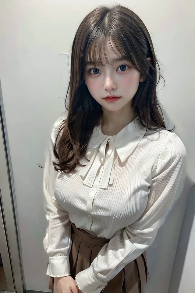Big Breasts、Wearing a blouse with a white collar with long sleeves、wearing a brown pleated skirt