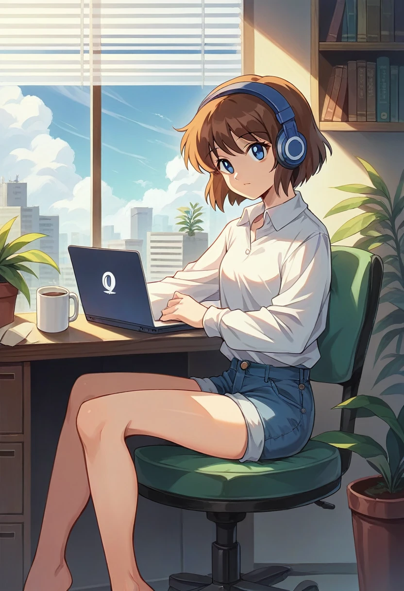 alone, lofi artstyle, lofi art, city, town, 80s anime style, Retro, Lo-Fi, masterpiece, best quality, (extremely detailed CG unity 8k wallpaper), (best quality), (best illustration), (best shadow), absurdres, realistic lighting, (Abyss), beautiful detailed reglow, 1girl, blinds, blue eyes, book, bookshelf, brown hair, chair, cloud, computer, cup, day, denim, desk, headphones, indoors, laptop, long sleeves, mug, phone, plant, potted plant, shirt, short hair, shorts, sitting, sky, solo, white shirt, window