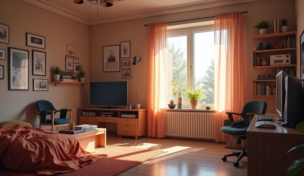 (Extremely detailed CG unity 8k photography),(masterpiece), (best quality), (Extremely detailed), (Best realism),(Best shadow),(Modern young people bedroom)(Advanced Electronics)(,Audio,air conditioner)(The sun shines through the window)