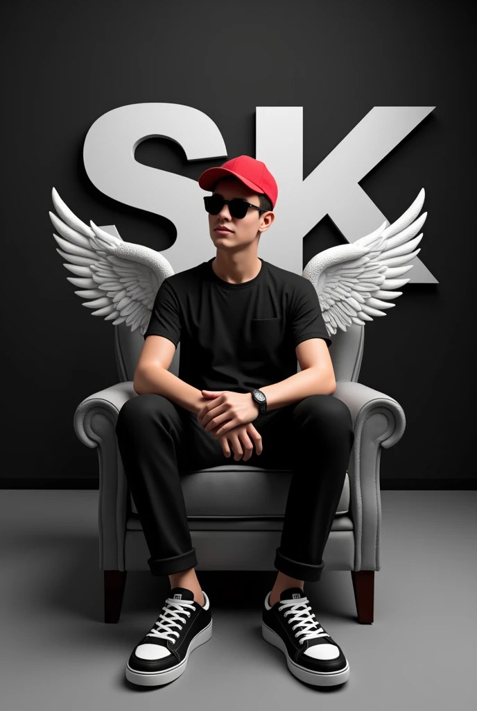 Create a 3D illusion for a Instagram profile picture where a 2 boy in a black shirt sits casually on a Wingback Chair. Wearing sneakers, a Red cricket cap, and sunglasses, he looks ahead. The background features "SK" in big and capital white fonts on the black wall. There should not be his shadow, and there are wings to make it appear as if he is an angel.
