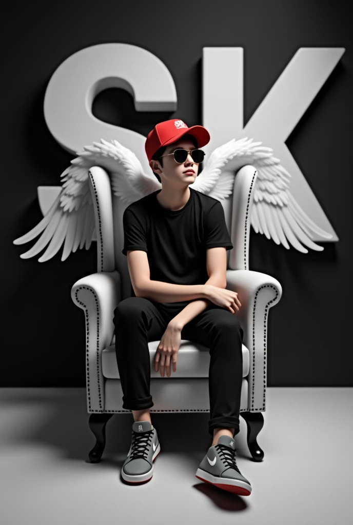 Create a 3D illusion for a Instagram profile picture where a 2 boy in a black shirt sits casually on a Wingback Chair. Wearing sneakers, a Red cricket cap, and sunglasses, he looks ahead. The background features "SK" in big and capital white fonts on the black wall. There should not be his shadow, and there are wings to make it appear as if he is an angel.