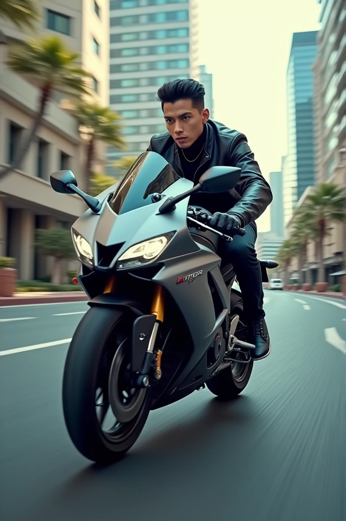 A handsome Asian guy 0 wearing cool clothes is riding a ZX 10R sports motorbike, speeding down the street. 8k hdr