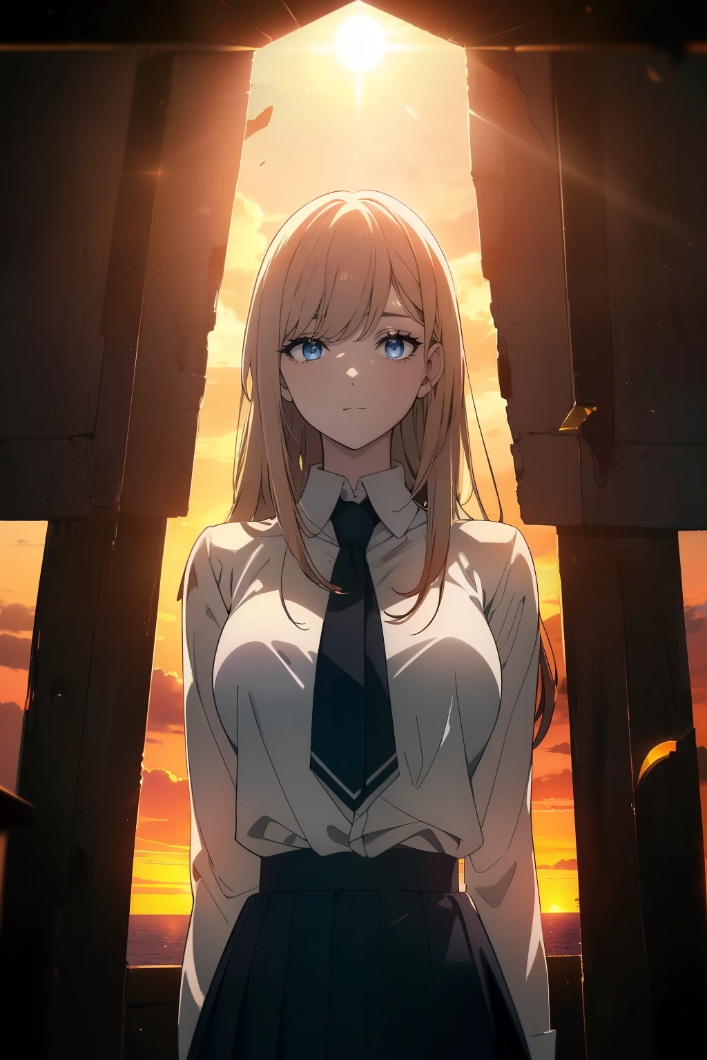 (((Obra maestra, La mejor calidad, ultrahigh resolution))), 1girl, standing, school uniform, white office shirt, black pleated skirt, ((light brown hair:0.7)), long hair cut, pale skin, ((blue eyes)), glowing_eyes, neon eyes, (((ultra detailed eyes, beautiful and detailed face, detailed eyes))), ((centered)), smile, ((wide shot)), facing viewer, eye level, (((sunset background, massive detailed sun behind subject))), flat chested, looking at viewer, ((half closed eyes)), ((perfect hands)), (((head, arms, hips, elbows, in view))), ((hands behind back)), empty eyes, beautiful lighting, outside, outdoors, shooting star:0.7, background, defined subject, 2, ((open scenery background))