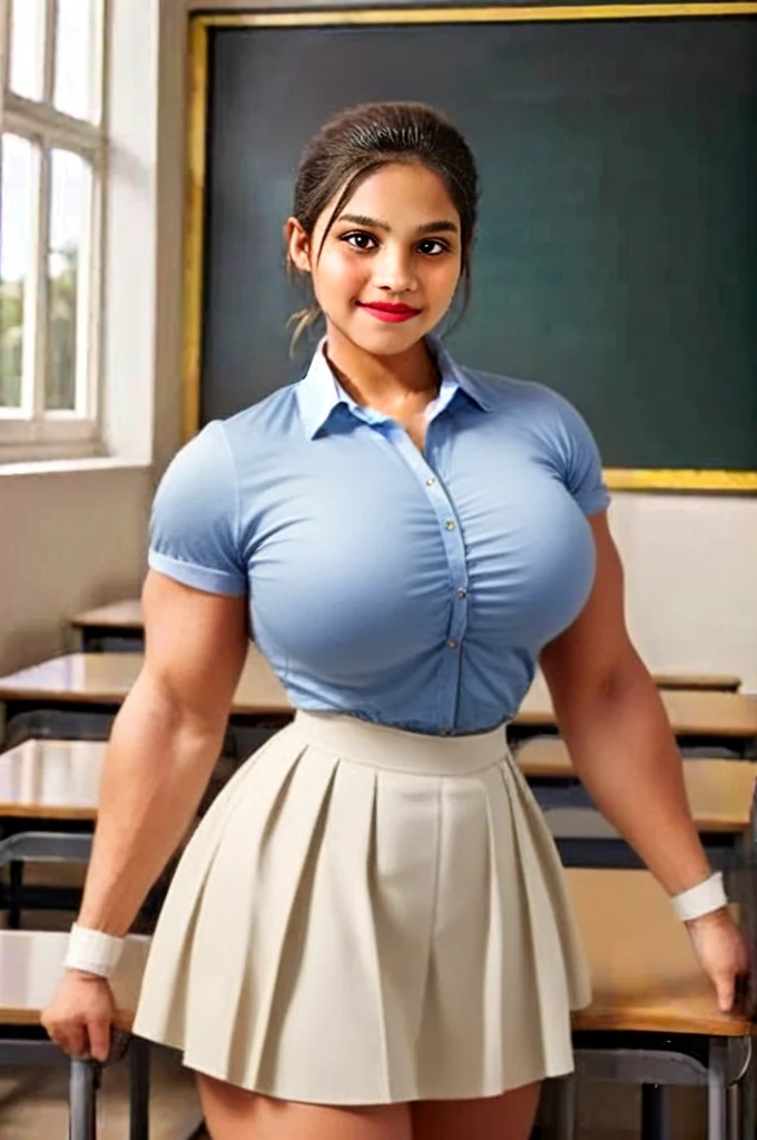 5girls ,Viewed from front, giant bodybuilder lizzo, Queen latifah, Ashley banks, ronda rousey, perdita Week, exaggerated huge muscles, Extremely large woman, white unbuttoned shirt, photoshoot studio quality lighting, heavily muscled iffb pro female bodybuilder , humongous muscular chest,((school uniforms:1.4)) ( ((high school)),((dark blue skirt:1.3)) ((in the class room:1.3)) ((thin_fabric:1.4)) ((random pose:1.3)) ((sweaty:1.5))((face is flushed:1.4)) ((big muscles:1.4)) ((close-up:1.2)) best quality,masterpiece,ultra high res,(photorealistic:1.4),raw photo,(Authentic skin texture:1.3),(film grain:1.3),panorama,character portrait,very wide shot,narrow waist,cowboy shot,(in the dark, deep shadow, low key, cold light,) night,streaming tears,,dust,Tyndall effect,(expression),beautiful detailed eyes and face,white jabot,brown eyes,((brown hair:1.2)) ((full body:1.3)) ((smile:1.3))