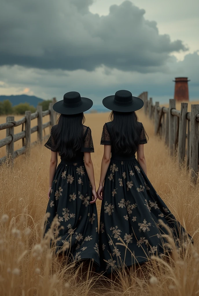 (photorealism:1.2), beautiful woman, original photo
original photo of two 34 year old curve Asian women with long black hair, wearing hat,wearing black floral dress, black shoes, walking with savanna background, tall dry wild grass, wooden fence stretching, rusty chimney, dark clouds