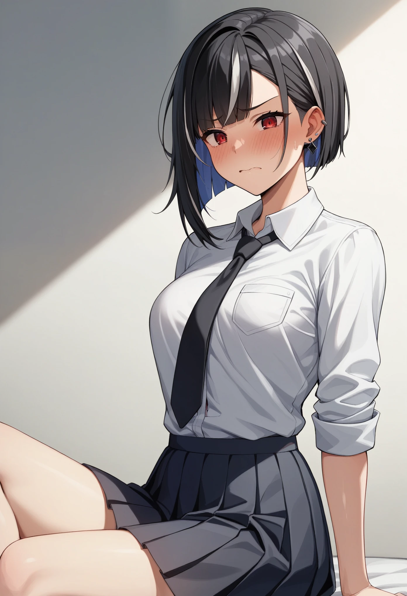 ,Squatting,((hands on breast)),(masterpiece,top quality),Zettai Ryouiki в чулках,pleated skirt,Short sleeve blouse,pupils,Dark-haired,Medium Bob,Black socks,Thin leg