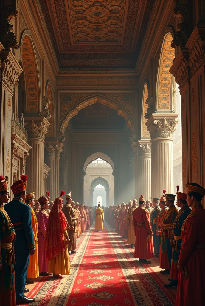 Indian Kings and Nawabs Negotiating with the British:** An indoor scene of a grand durbar (royal court) where Indian kings and nawabs are negotiating with British officers, with ornate decor, traditional Indian costumes, and British uniforms.