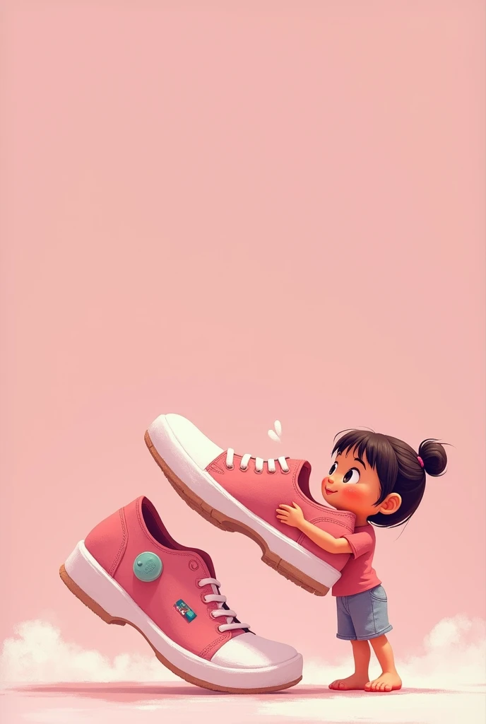 Generate picture for my story page featuring Filipino girl Holding a BIG SHOES ( put the art at the bottom right part) ( i need a big space at the left part) (PINK THEME) EMPHASIZE THE BIG SHOES
