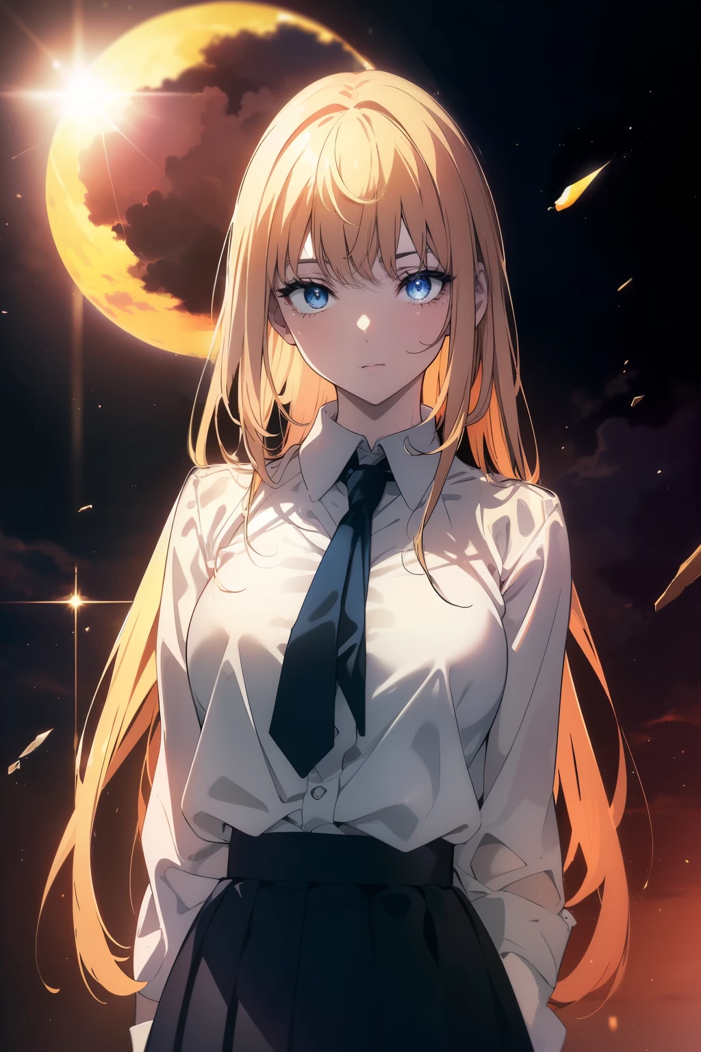 (((Obra maestra, La mejor calidad, ultrahigh resolution))), 1girl, standing, school uniform, white office shirt, black pleated skirt, ((light brown hair:0.7)), long hair cut, pale skin, ((blue eyes)), glowing_eyes, neon eyes, (((ultra detailed eyes, beautiful and detailed face, detailed eyes))), ((centered)), smile, ((wide shot)), facing viewer, eye level, (((sunset background, massive detailed sun behind subject))), flat chested, looking at viewer, ((half closed eyes)), ((perfect hands)), (((head, arms, hips, elbows, in view))), ((hands behind back)), empty eyes, beautiful lighting, outside, outdoors, shooting star:0.7, background, defined subject, 2, ((open scenery background))