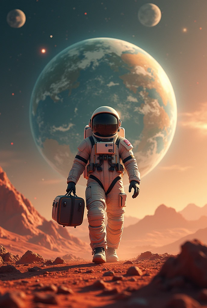 A man in his space suit with a heavy travel bag flying in space facing and waving to planet earth on his left side,  saying " Good bye mother earth 👋 " in a conversation bubble and  clear picture of planet Mars with several building blocks and houses, on his right side. Background full of vibrant colours and realistic view of space .