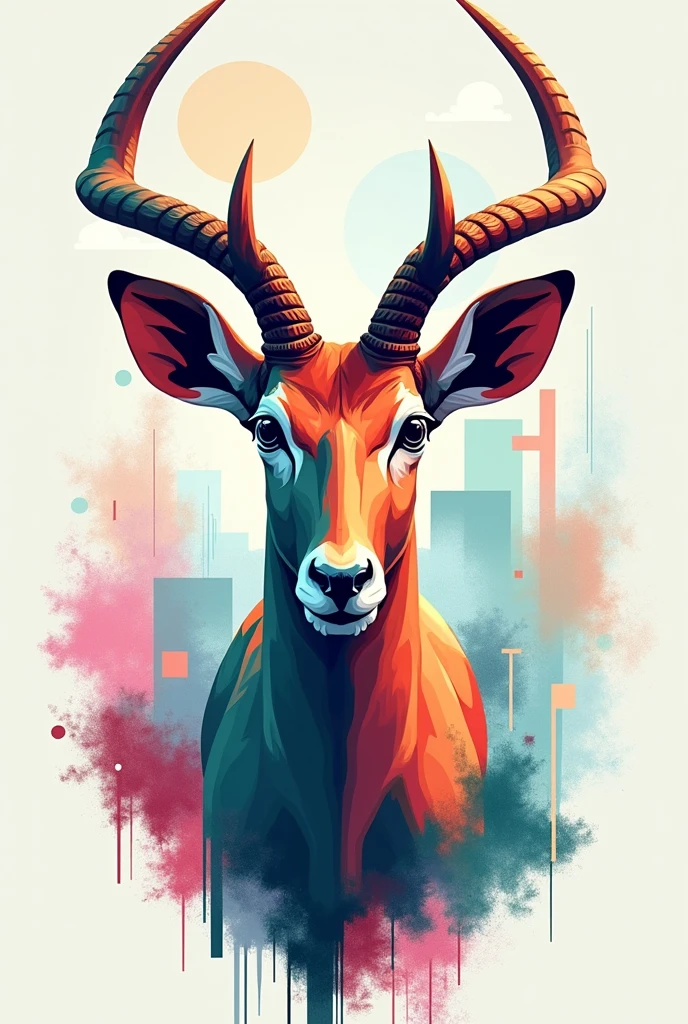 Create an exciting blend of pastel colours and bold shapes on an antilopt head only, while a close-up of an antilop majestic head is transformed into just one enchanting paint artwork. African paint Style. Aframov knife paint elements. The head is positioned in the centre of the image.