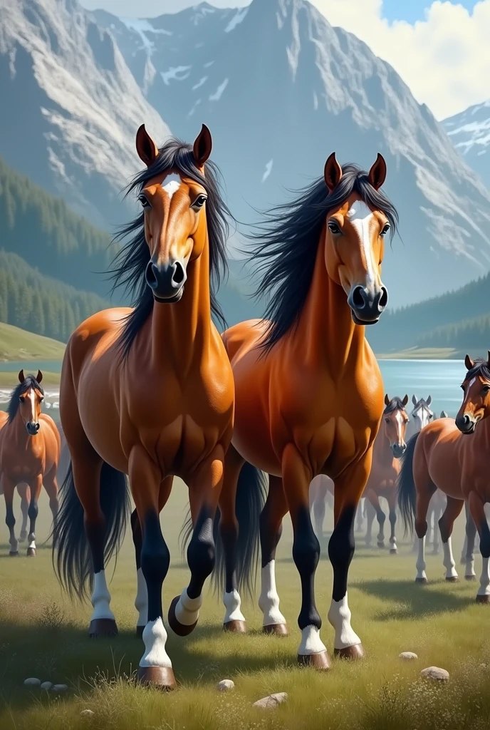 Two horses, one a beautiful dun stallion with orange fur and dark legs, mane and nose, the other horse is an elegant dappled mare with brown and white fur, white pasterns and blaze with blue eyes, the two are standing on a meadow with water and mountains in the background, the two horses rule over a herd of wild horses that are standing in front of them