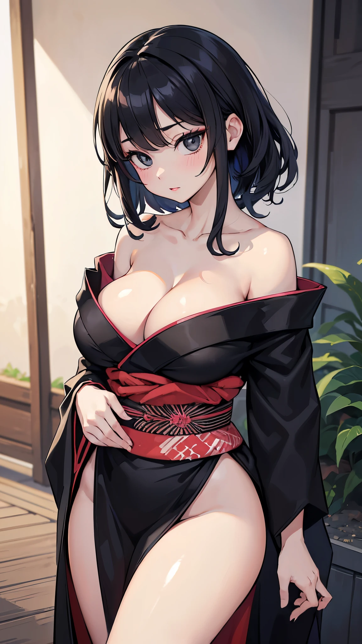 (masterpiece, 最high quality, 超High resolution, Very detailed), (Realistic:1.1, photoRealistic:1.4), Perfect illustration, Perfect lighting,Perfectly detailed hair, Perfect and exquisite face, Perfect collarbone, Perfect body,Juicy breasts, Perfect Thighs, Beautiful legs, View your audience, 1 person,Perfect Face, (Perfect Anatomy, Anatomically correct), Symmetrical face、((Shiny Hair)),Sexy Body、(masterpiece),(最high quality:1.3),8k,Very clear,(Ultra-realistic),Captivating woman,(high quality, High resolution, The finer details), Realisticなスタイルの女性,Juicy breasts、Perfect Woman、Perfect Face、Symmetrical face、、((Big breasts))、blush、((Juicy lips))、Cowboy Shot、(((Black medium hair)))、((Large, double-set black eyes、Long eyelashes))、(Red Makeup)、(((Off-the-shoulder kimono)))、(((Exposed collarbone, shoulders and cleavage)))、(Healthy and well-developed body)、((Big tits jk))、(Outdoor、Edo)